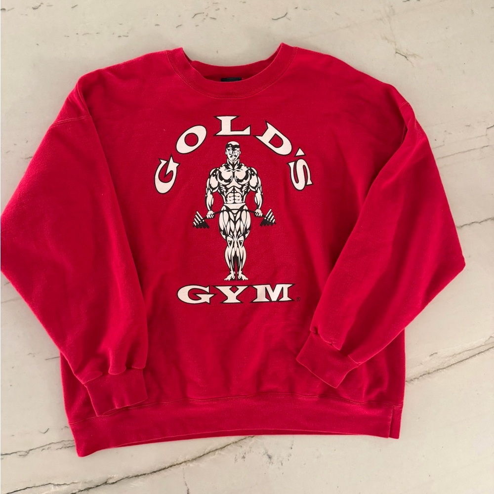 Vintage 90s Mens XL Golds Gym Puff Print Red Crewneck Logo Sweater